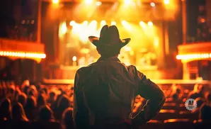 A cowboy in a denim jacket watches a brightly lit stage from an audience.