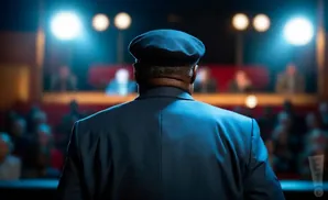 A man in a suit and beret faces away from the camera, addressing an audience under bright stage lights.
