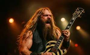 A heavy metal guitarist with long blonde hair and a beard, passionately plays a black and yellow striped guitar on stage.