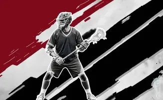 A lacrosse player in full gear stands ready with their stick, against a background of red and black diagonal stripes.