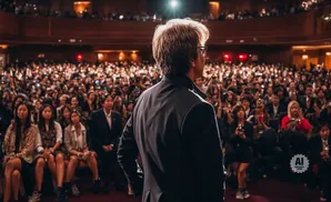 Man in a suit on stage facing a cheering, camera-wielding crowd in a theater.