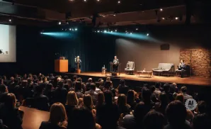 Audience watching a panel discussion on a stage with speakers at podiums, seated, and a sofa.