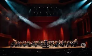 Orchestra performs on stage under dramatic spotlights, with a red curtain backdrop and audience in the foreground.