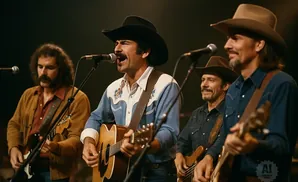 Four men in cowboy hats play guitars and sing on stage.
