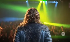 Back view of a person with long blonde hair in a sequined denim jacket, facing a cheering crowd under green and blue stage lights.