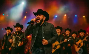 A singer in a cowboy hat performs on stage with a band.