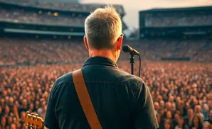 Man with guitar on stage faces huge crowd and microphone at concert.