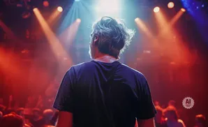 Man with messy hair stands on stage, back to camera, looking out at a blurred audience under red and blue lights.