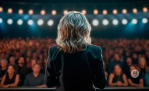 A woman stands with her back to the camera, facing a large audience in a theatre.