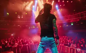 A rock singer with tattoos performs on stage in front of a cheering crowd under red and blue lights.