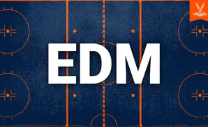 An abstract hockey rink with orange lines and hockey sticks icon in the top right corner.