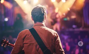 A musician in an orange shirt plays guitar on a brightly lit stage, with an audience blurred in the background.