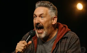 Man with gray hair and beard yells into a microphone while wearing a plaid jacket with a red hood.