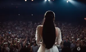 A woman in a sparkly white dress faces a large, cheering crowd under spotlights.