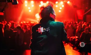 Man with spiky hair on stage with red lighting and a crowd.