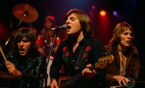 A band plays on stage, with a singer in a black shirt with red roses, a drummer in a leather jacket, and a keyboardist in a brown coat.