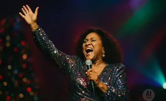 A Black woman sings into a microphone on a stage, wearing a sparkly dress and with her arm raised.