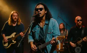 A band performs on stage with the lead singer in the foreground wearing sunglasses and a denim jacket.