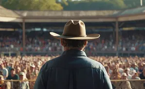 Man in cowboy hat facing an audience at an outdoor event.