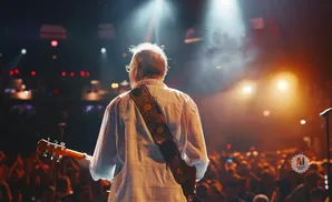 Man playing guitar on stage with a crowd in the background, illuminated by stage lights.