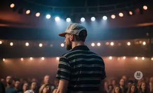 Man in a cap and striped shirt faces away from the camera on a dimly lit stage in front of an audience.