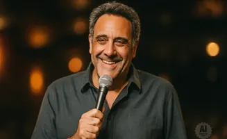 A smiling man with graying hair holds a microphone in front of a blurred background.