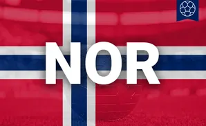 A globe superimposed on the flag of Norway with a soccer ball emblem in the corner.