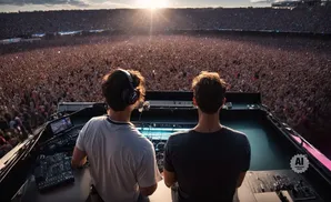 Two DJs in headphones play to a massive cheering crowd at a stadium concert as the sun sets.