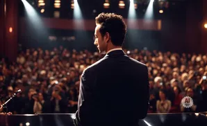Man in a suit facing a crowd in a theater, with spotlights overhead.