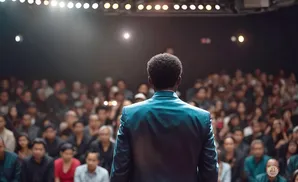 A man in a teal suit faces an audience in a theater.