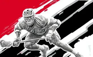 A lacrosse player in a helmet and pads in a dynamic pose, holding a stick against a background of red and black stripes.