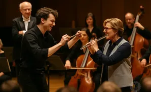 A conductor and flutist lead an orchestra.