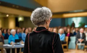 Woman with gray curly hair giving a speech to an audience.