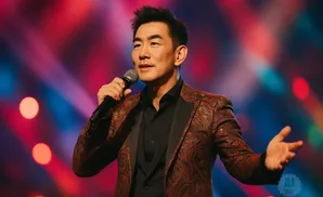 A man in a patterned jacket holds a microphone and gestures on a colorful, spotlighted stage.