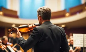 Conductor in a suit holds a violin, facing away from camera, with an orchestra blurred in the background.