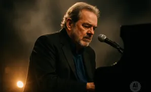 A man with gray hair and a beard plays the piano with a microphone in front of him.