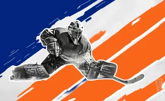 Hockey goalie in action against a colorful, abstract background.