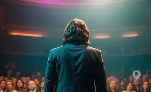 Person in a suit facing an audience under stage lights.