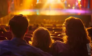 A family watches a brightly lit stage from their seats in an auditorium.