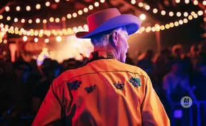 Man in a cowboy hat and orange shirt with embroidered designs stands with his back to the camera at a lively outdoor event with string lights.