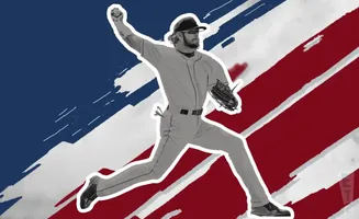 A baseball pitcher in mid-throw against a red, white, and blue striped background.
