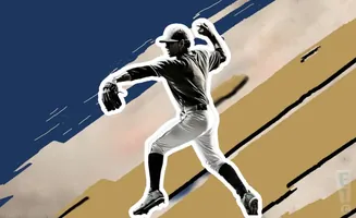 A baseball pitcher throws a ball, silhouetted against a backdrop of blue, tan, and black stripes.