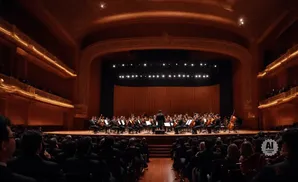 An orchestra plays on stage in a grand concert hall, with the audience visible in the foreground.