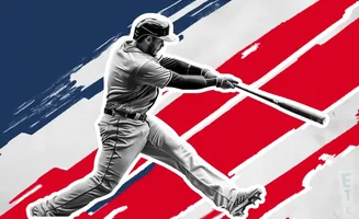 A baseball player swings a bat against a backdrop of red, white, and blue brush strokes.