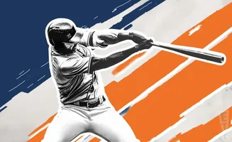 Baseball player swinging a bat with a blue and orange abstract background.