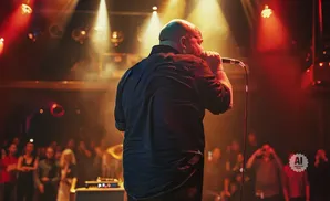 A bald man in a black shirt sings into a microphone on a dimly lit stage.