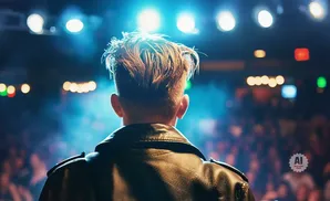 Back view of a man with spiked hair in a leather jacket, facing a stage with bright lights and a blurred crowd.