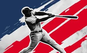 A baseball player swings a bat against a backdrop of red, white, and blue streaks.