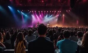 Concert crowd watches two guitarists on a stage lit by pink and blue lights.