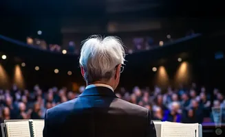 A conductor stands with their back to the camera, facing a blurred audience in a theater.